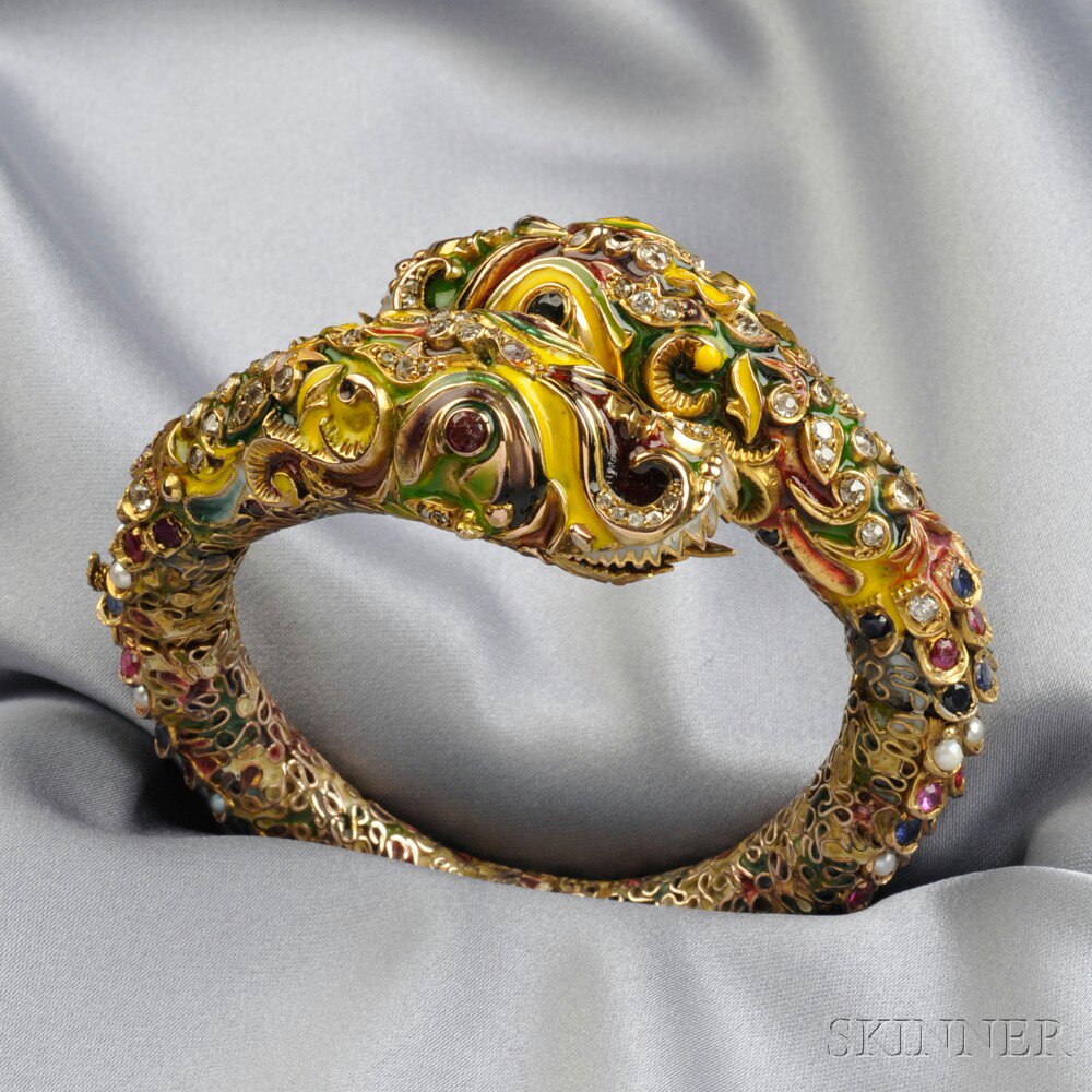 Appraisal: Gold Enamel and Gem-set Bracelet India the hinged bangle with