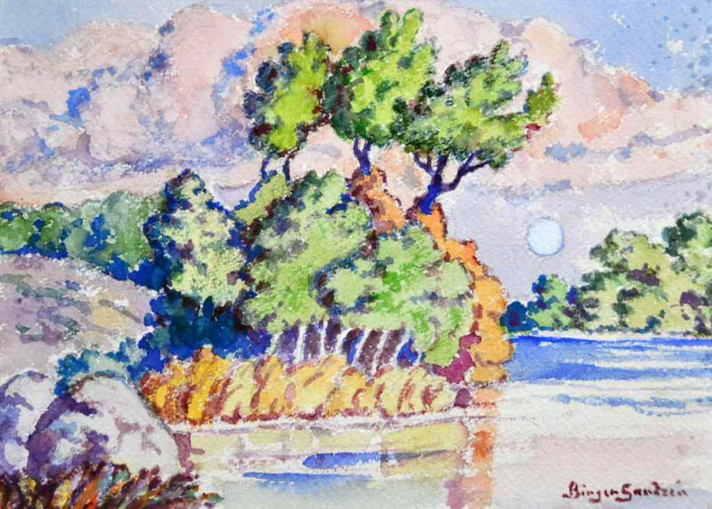 Appraisal: Birger Sandzen Watercolor Landscape On PaperDepicting a landscape with water