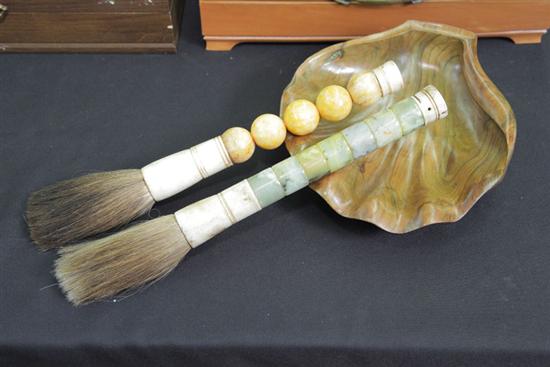 Appraisal: TWO CHINESE CALLIGRAPHY BRUSHES AND A WOODEN BOWL Including one