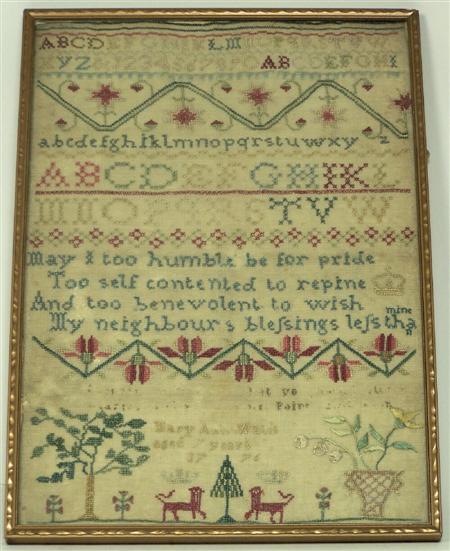 Appraisal: A George III needlework sampler decorated with the alphabet and