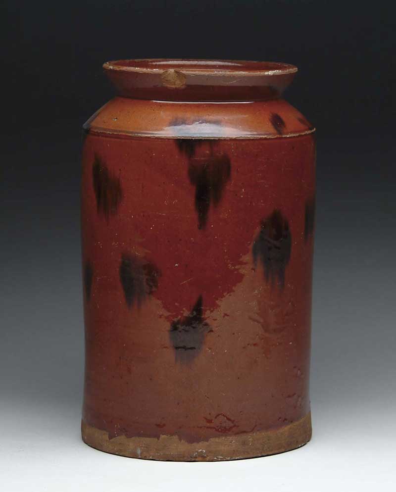 Appraisal: TALL GLAZED REDWARE CONNECTICUT JAR Cylinder shaped jar with angled