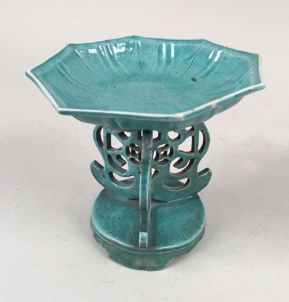 Appraisal: Chinese Porcelain Turquoise Glazed Bowl Stand the octagonal shallow bowl