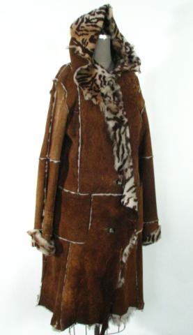 Appraisal: Whiskey Stencilled Leopard Shearling Stroller w Hood Raw Edge design