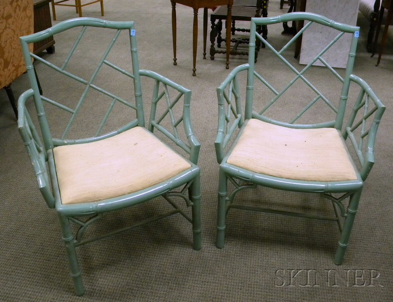 Appraisal: Pair of Regency-style Upholstered Green-painted Cockpen Armchairs th century