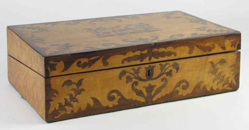 Appraisal: th Century Fancy Inlaid Lap Deskcurly maple with rosewood inlays