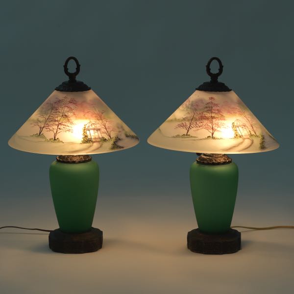 Appraisal: PAIR OF FENTON GLASS LAMPS to finial Pair of matte