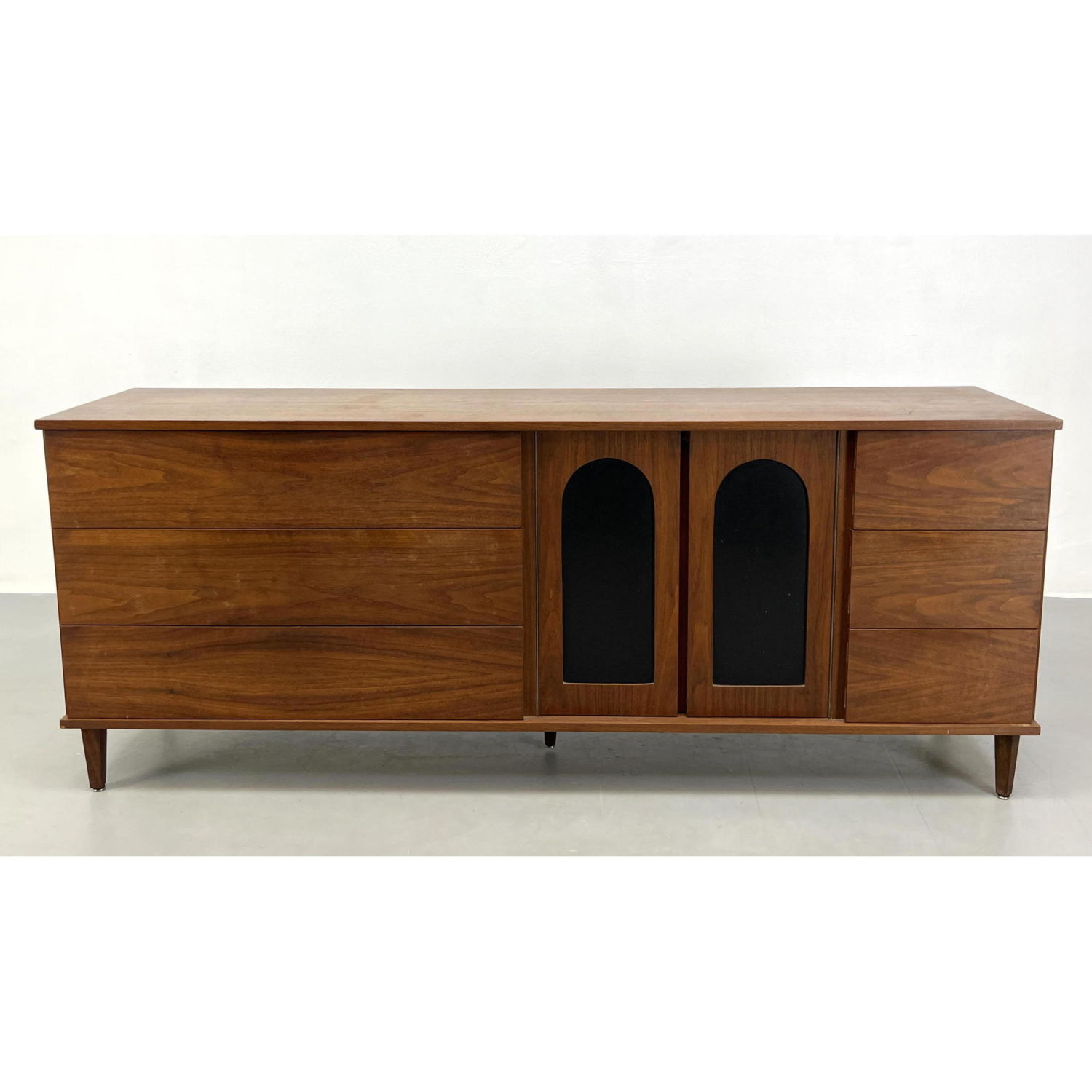 Appraisal: American Modern Walnut Credenza Center Doors with Black Arched Detail