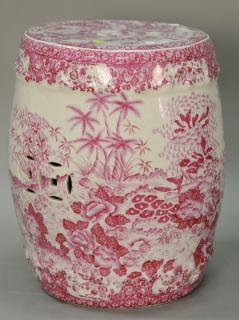 Appraisal: Porcelain garden seat pink and white with palm trees and