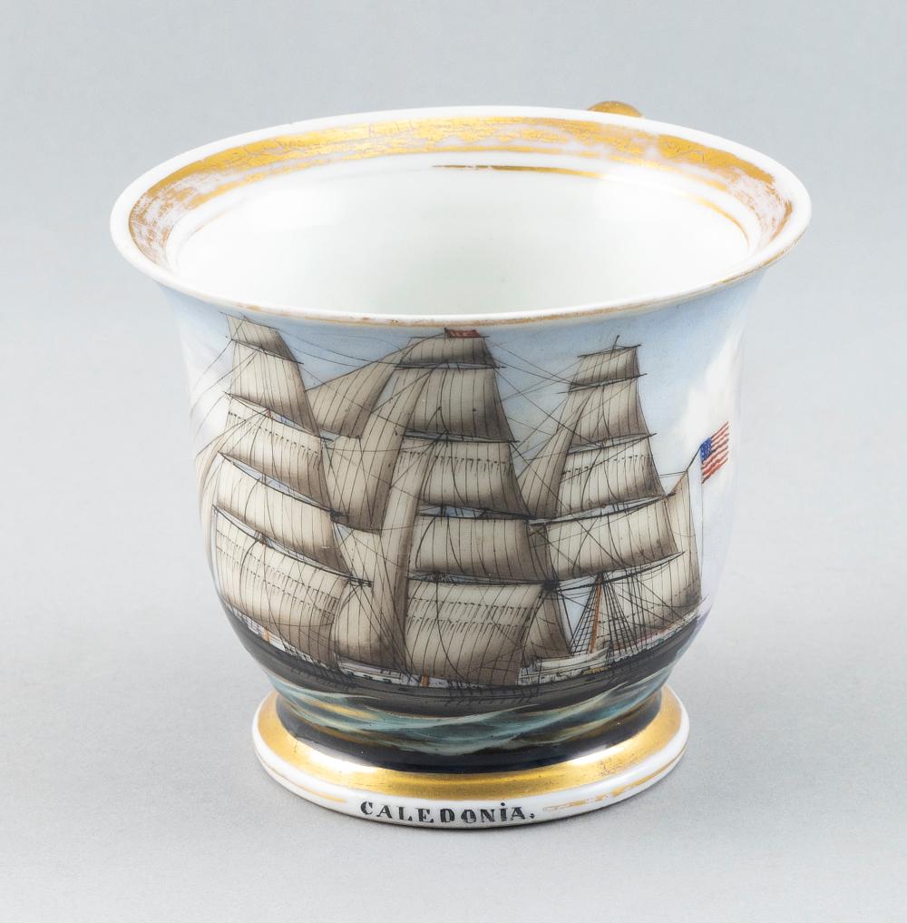 Appraisal: PORCELAIN MUG WITH HAND-PAINTED MARITIME DECORATION LATE TH CENTURY HEIGHT