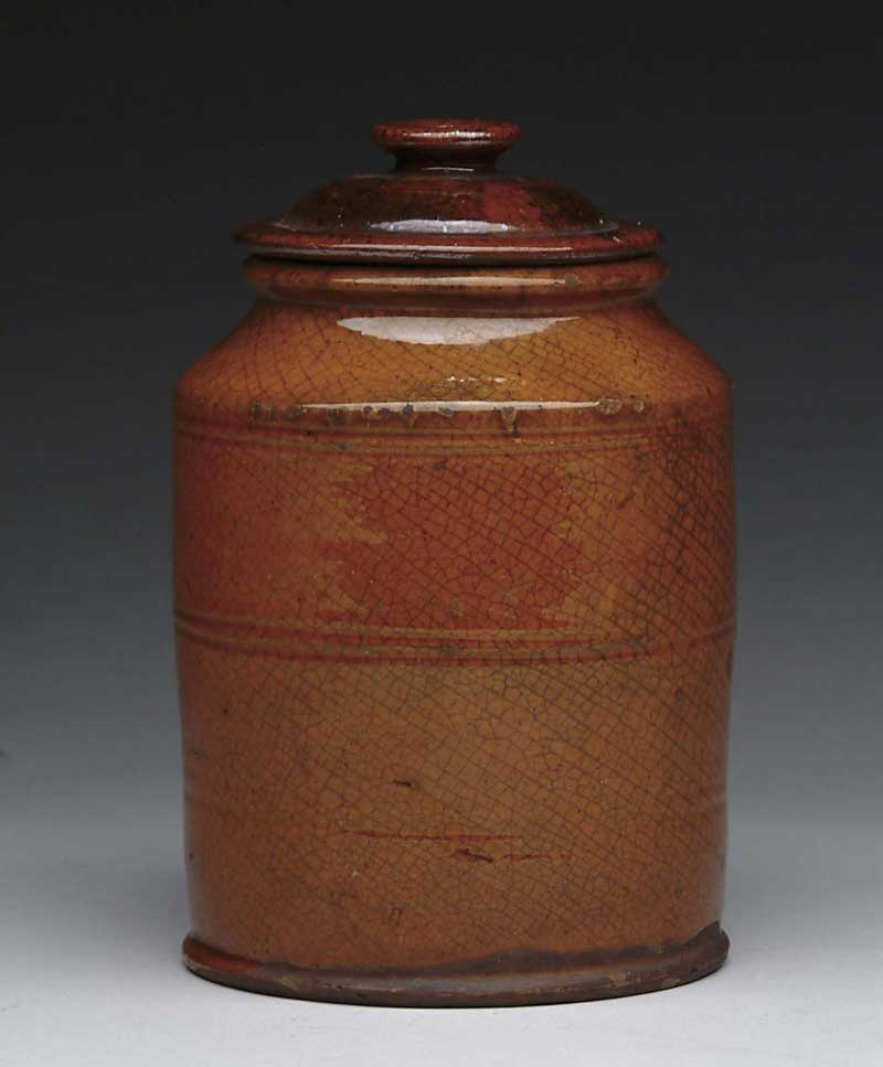 Appraisal: FINE GLAZED REDWARE JAR WITH COVER Crackle finished glazed jar