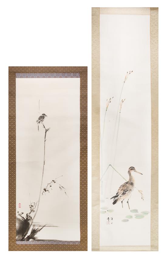 Appraisal: Sale Lot Two Japanese Ink and Color Scroll Paintings on