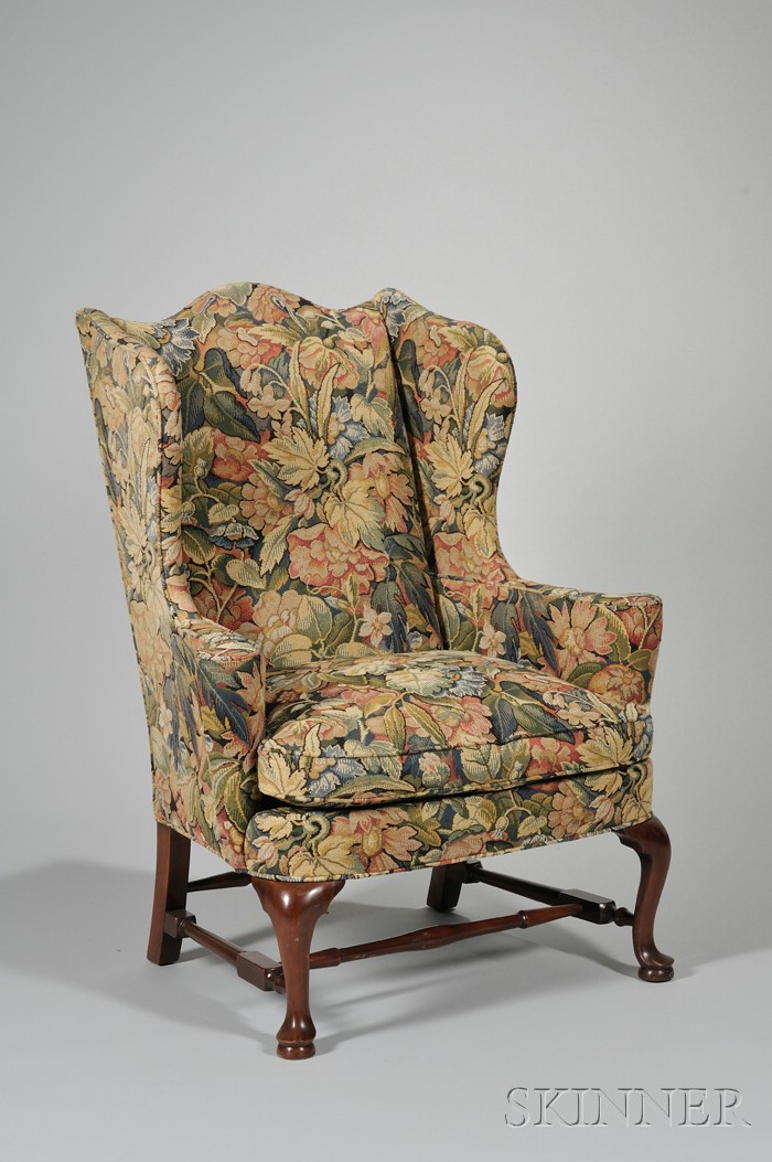 Appraisal: Southwood Queen Anne Style Floral Tapestry Upholstered Carved Mahogany Wing