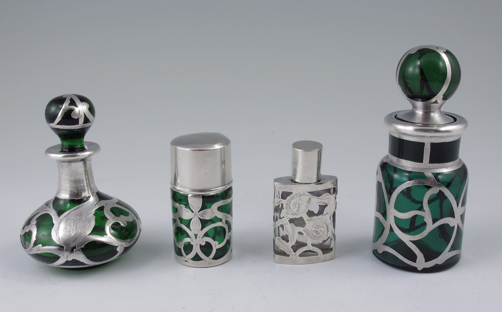 Appraisal: PIECE SILVER OVERLAY PERFUME BOTTLE To include Green glass bulbous