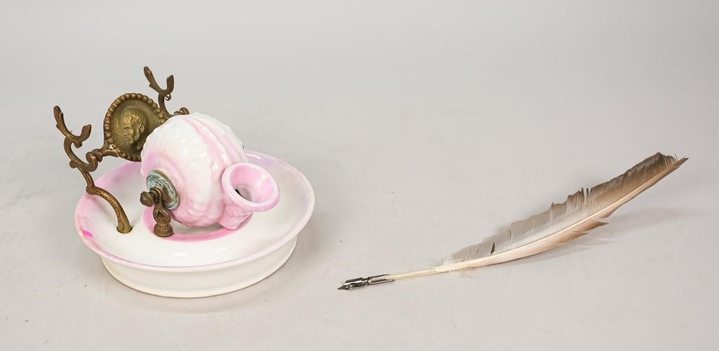 Appraisal: French porcelain and brass shell inkwell Pink and white porcelain