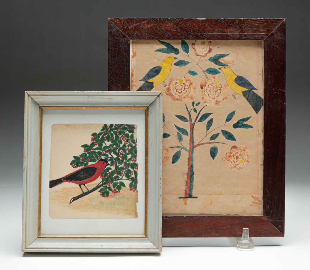 Appraisal: TWO AMERICAN FOLKSY WATERCOLORS OF BIRDS Mid th century watercolor