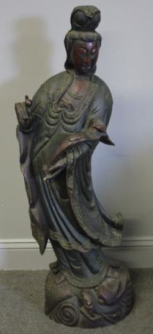 Appraisal: Antique Carved and Patinated Wood Guan Yin From a Riverdale