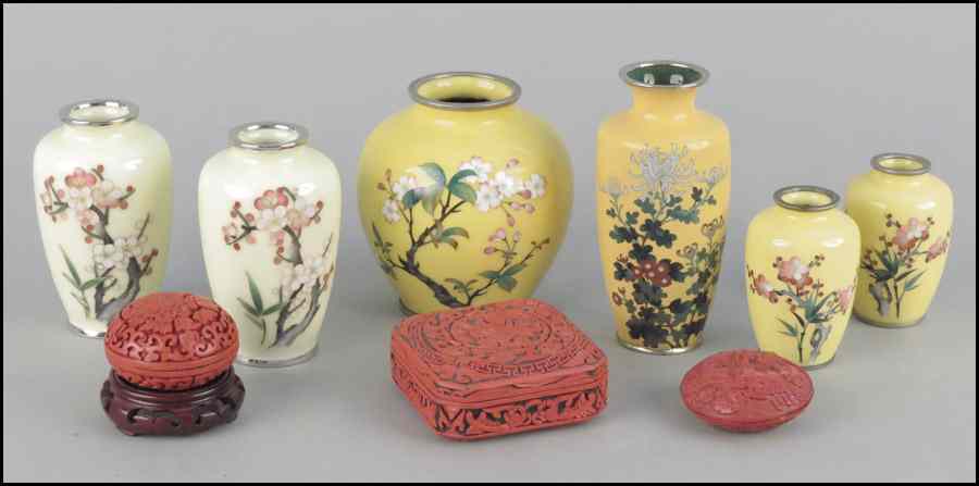 Appraisal: TWO PAIRS OF YELLOW GROUND CLOISONNE VASES Together with two