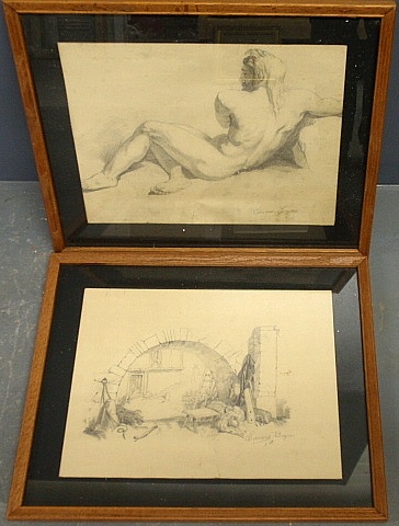 Appraisal: - Two framed and matted pencil drawings a male nude