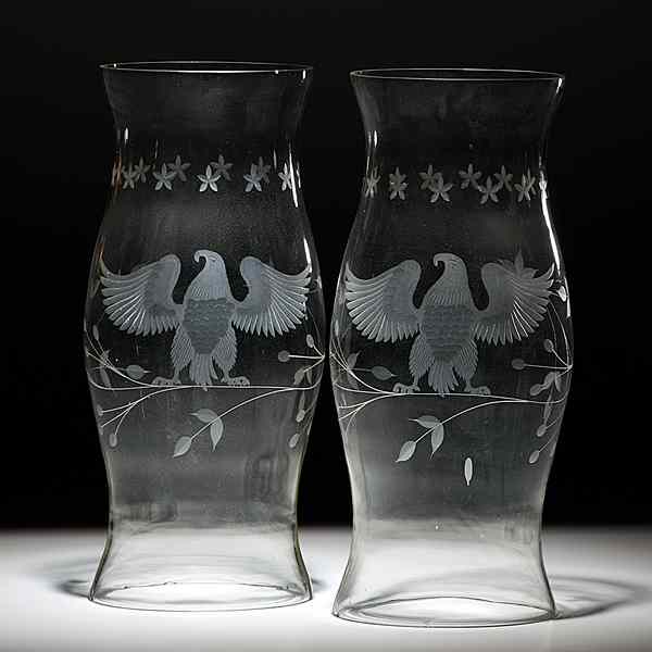 Appraisal: Eagles Etched Glass Hurricane Shades American or British A pair