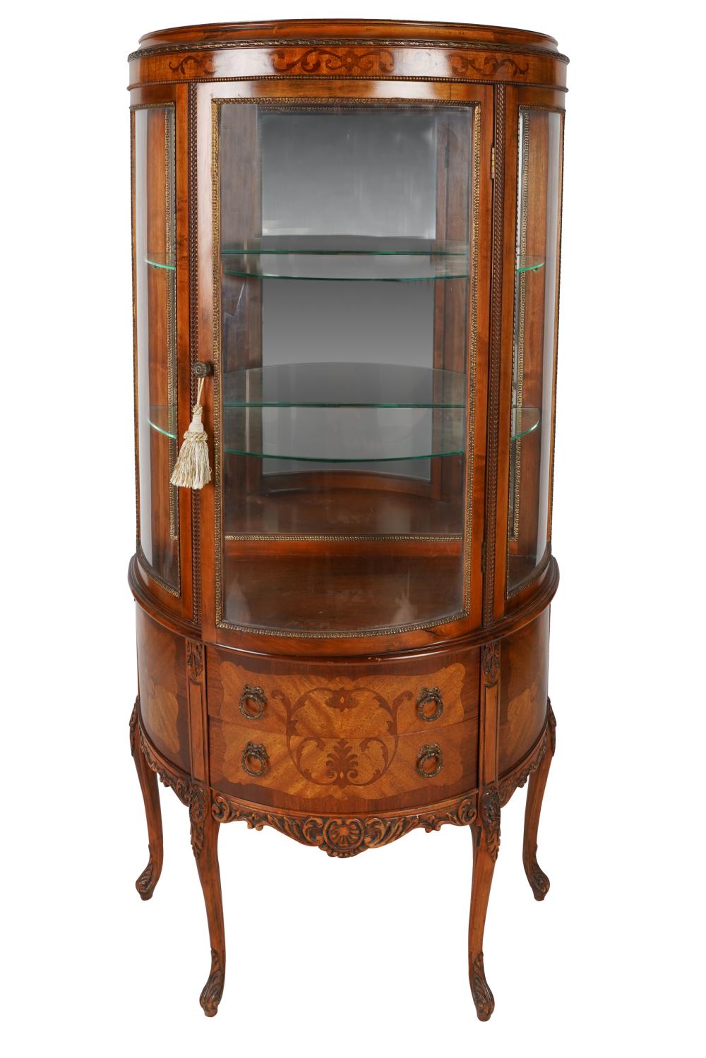 Appraisal: LOUIS XV-STYLE WALNUT MARQUETRY DEMILUNE VITRINEwith a glazed door and