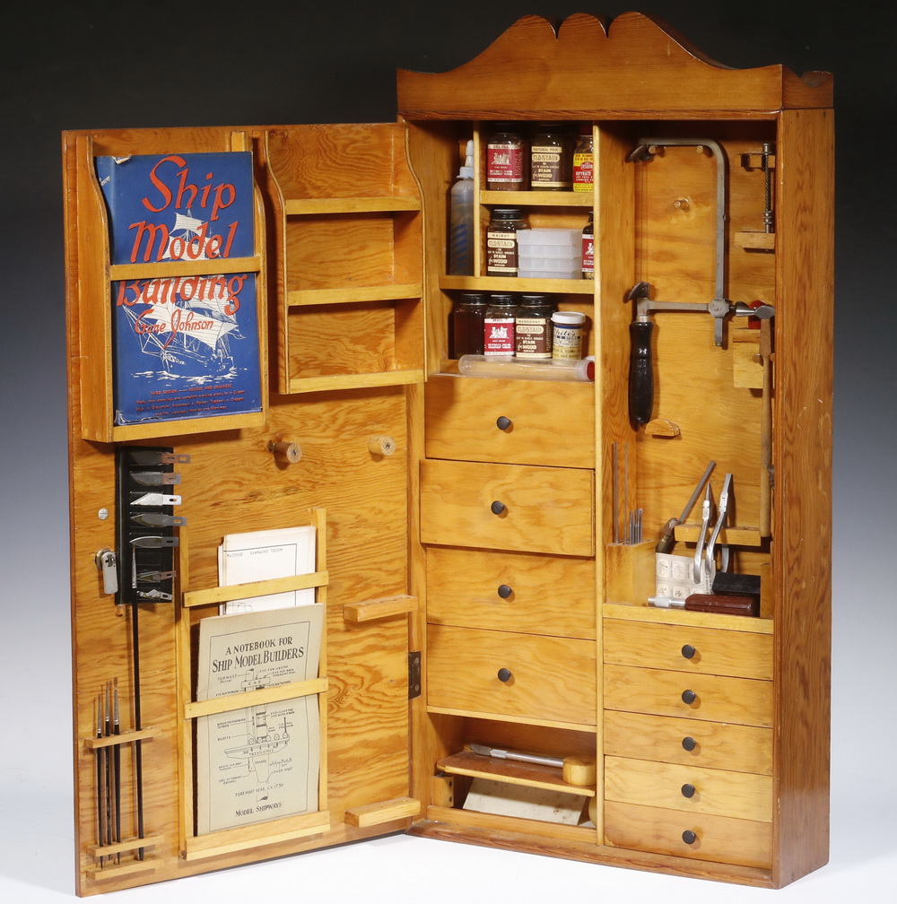 Appraisal: MODEL MAKING CABINET WITH CONTENTS Homemade wall mounted pine cabinet