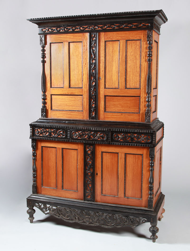 Appraisal: RARE ANGLO-INDIAN EBONY-MOUNTED SATINWOOD CABINET Upper section fitted with two