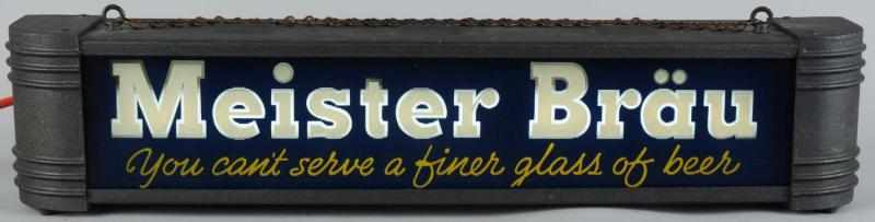 Appraisal: Meister Brau Reverse Glass Light-Up Can Sign With metal case