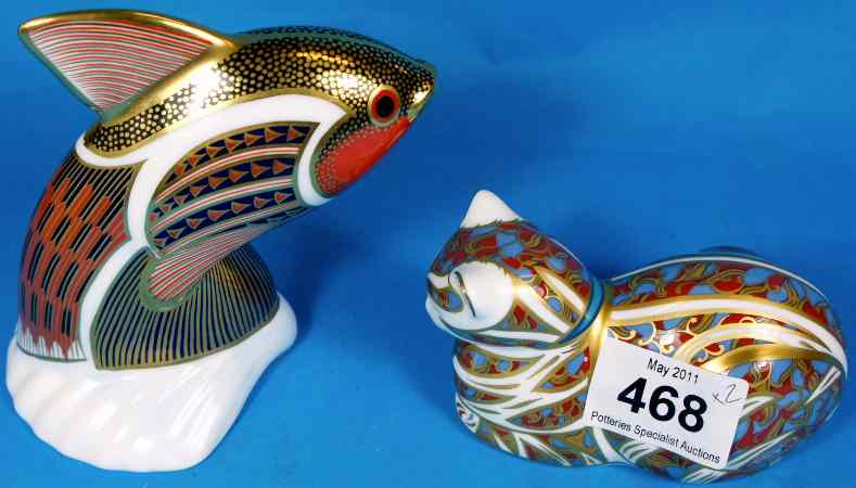 Appraisal: Royal Crown Derby Paperweights Tropical Fish Guppy and Laying Cat