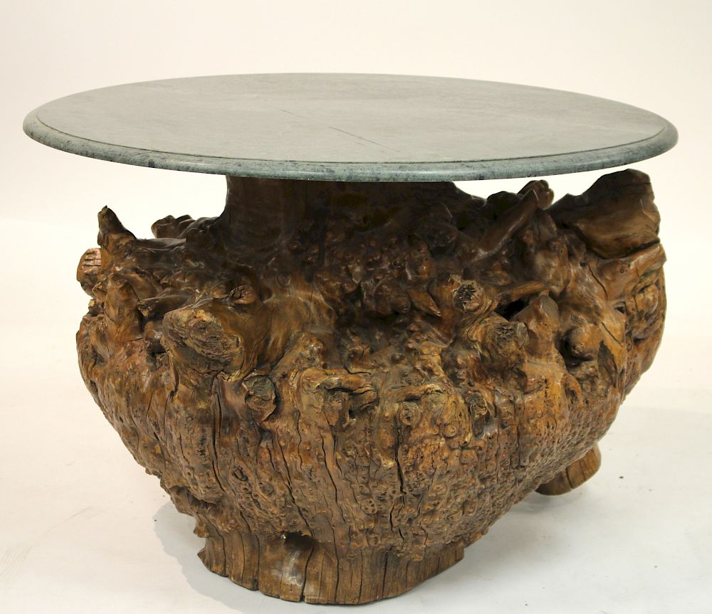 Appraisal: Round Green Marble Top on Massive Burl Base the top