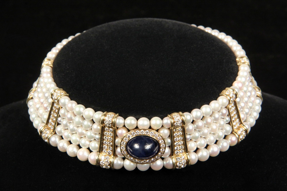 Appraisal: NECKLACE - K Yellow Gold Pearl Diamond and Sapphire Choker