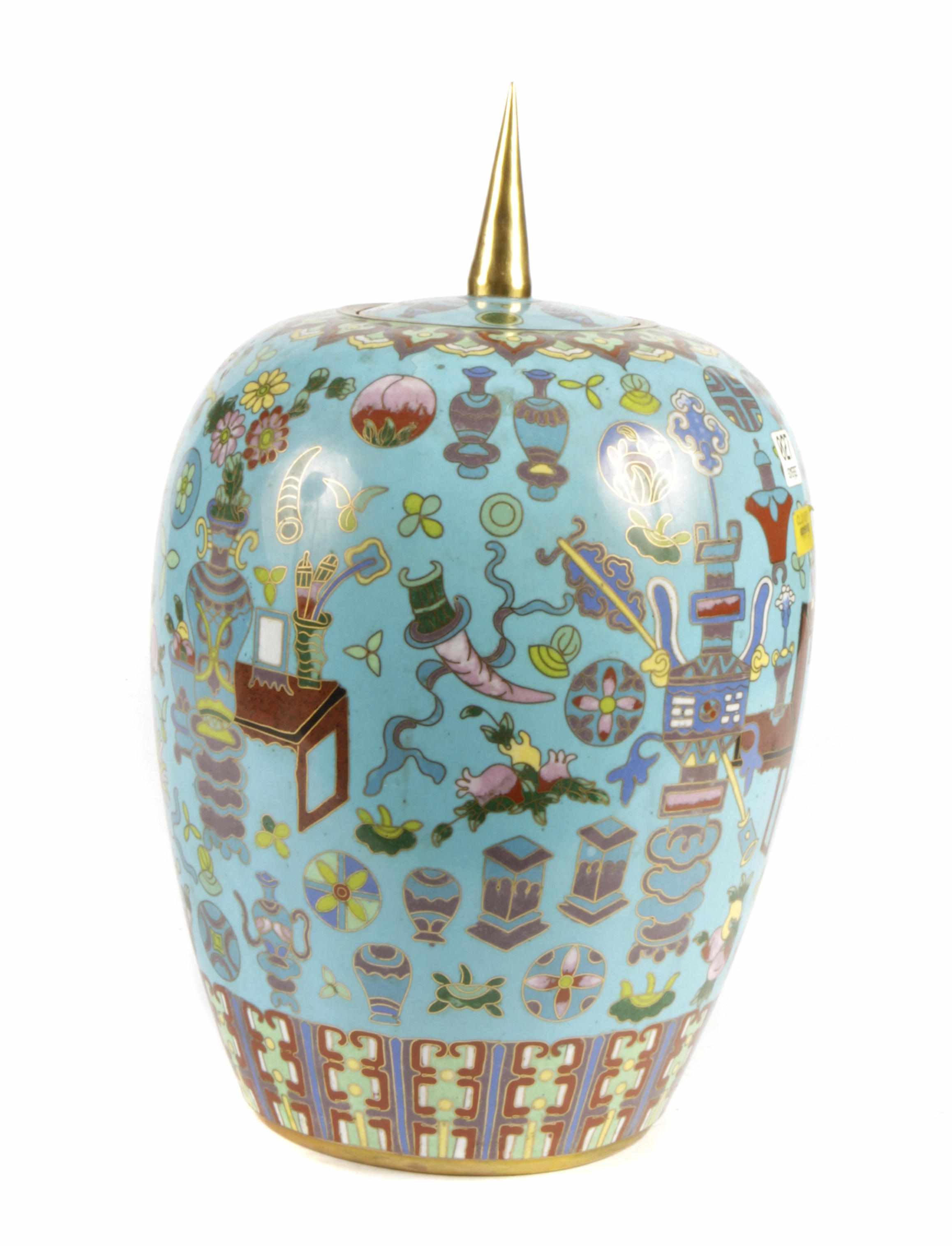 Appraisal: A Chinese turquoise cloisonne enamel covered jar with emblems design