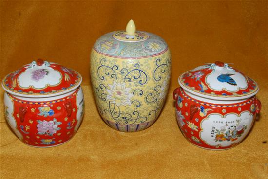 Appraisal: GROUP OF THREE ORIENTAL DECORATIVE LIDDED JARS