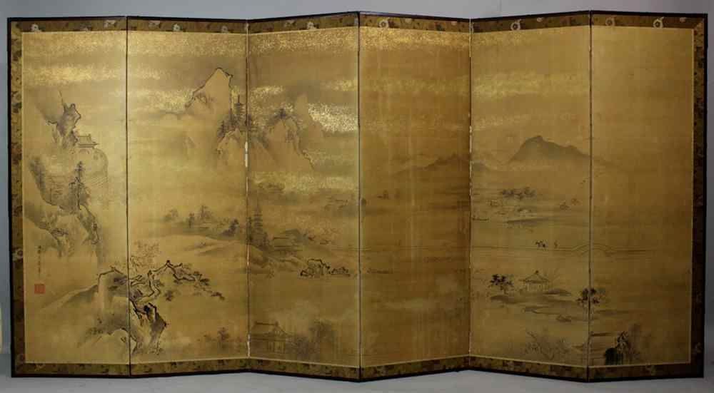 Appraisal: JAPANESE KANO SCHOOL SIX-PANEL SCREEN EDO PERIOD extensive landscape ink