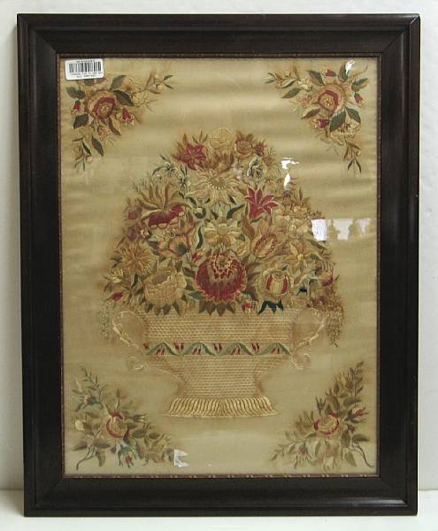 Appraisal: An English silk needlework picture mid th century Depicting basket