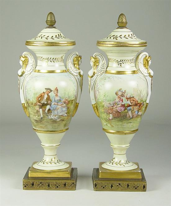 Appraisal: Pair of Mantel Vases Early th Century Transfer decorated and