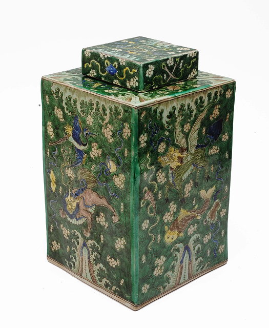 Appraisal: A Chinese famille verte square vase and covercirca each side