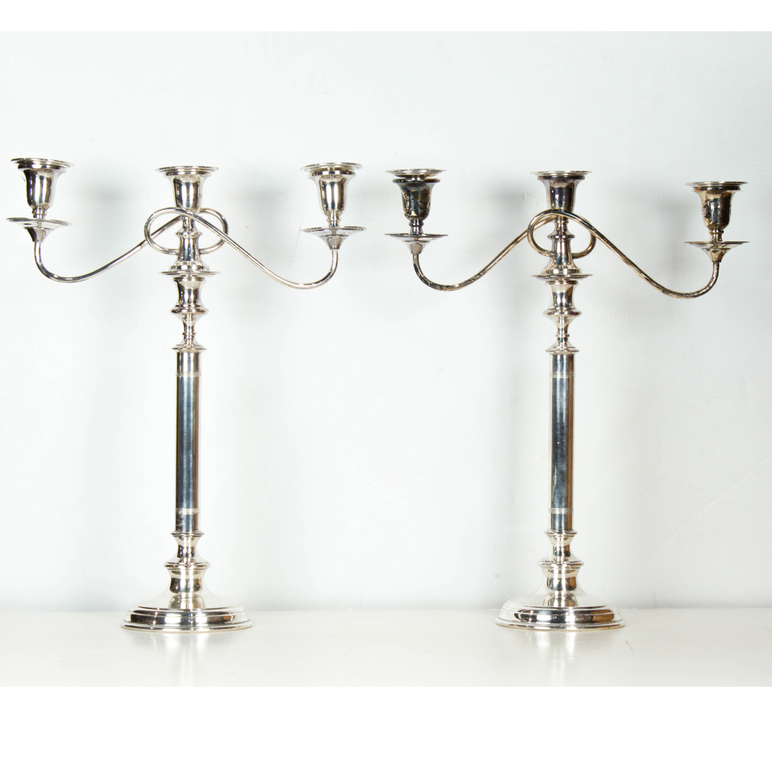 Appraisal: LARGE PAIR REED BARTON PLATED THREE LIGHT CANDELABRA H Large