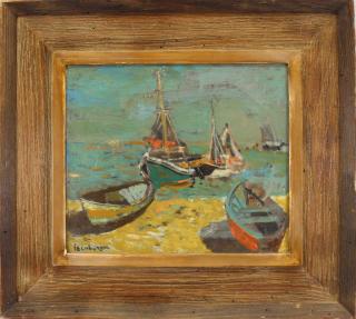 Appraisal: Eric Isenburger - Oil on canvas painting of a harbor