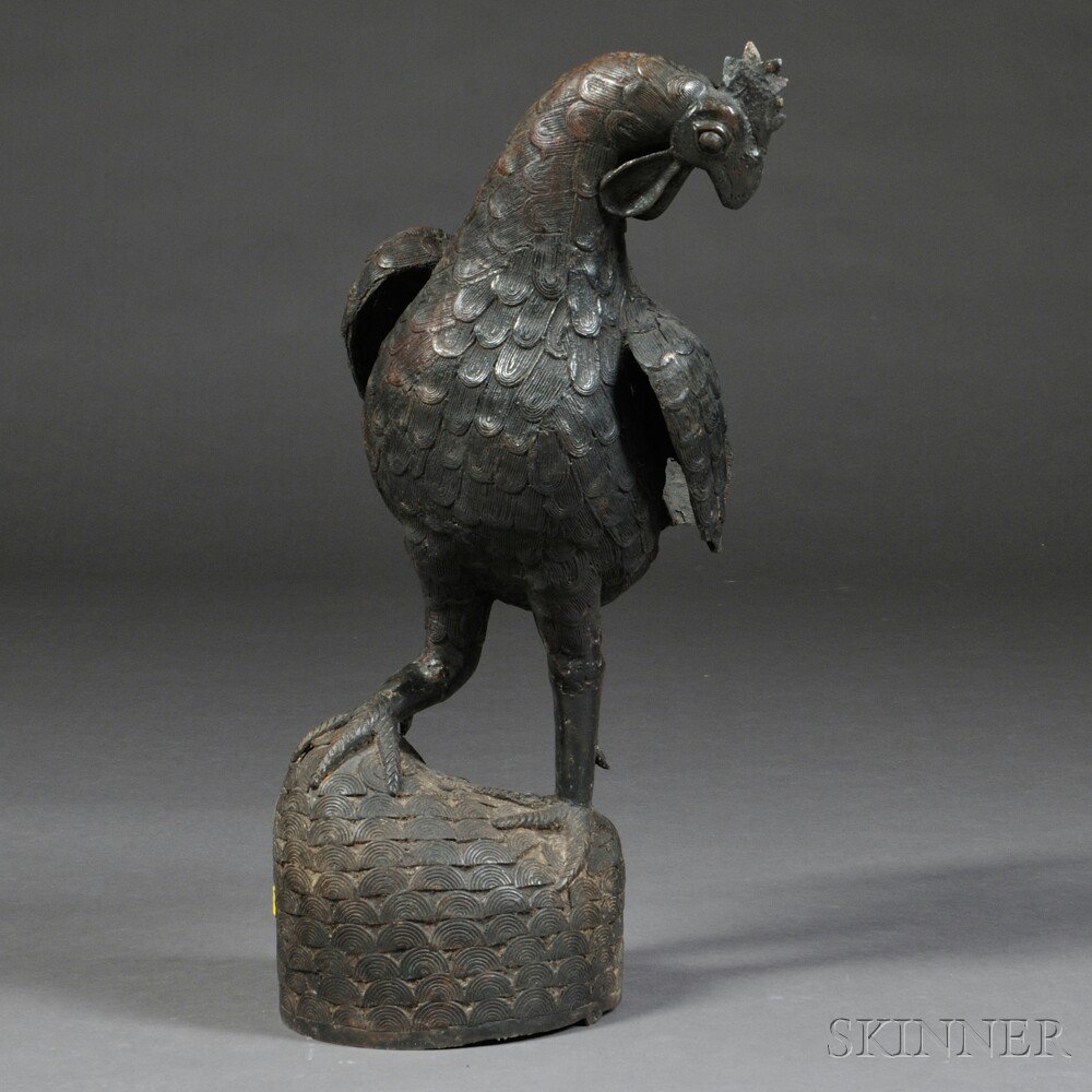 Appraisal: Large Bronze Sculpture of a Rooster China th century standing