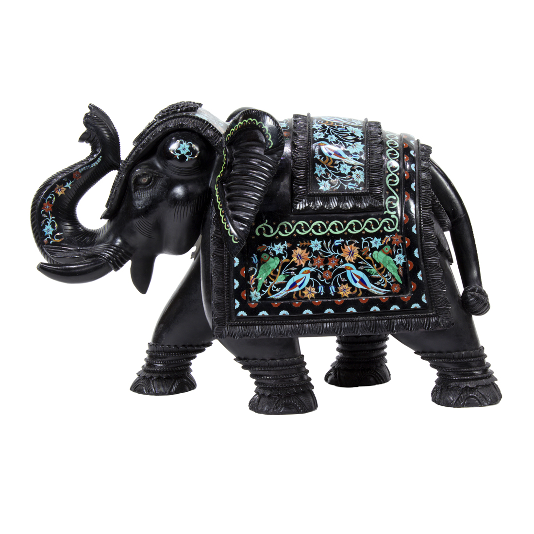 Appraisal: AN INDIAN BLACK MARBLE ELEPHANT INLAID WITH SEMI PRECIOUS STONES