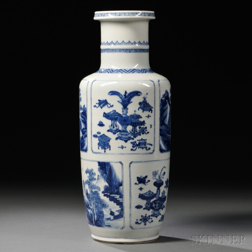 Appraisal: Blue and White Vase China th century rouleau-form decorated with