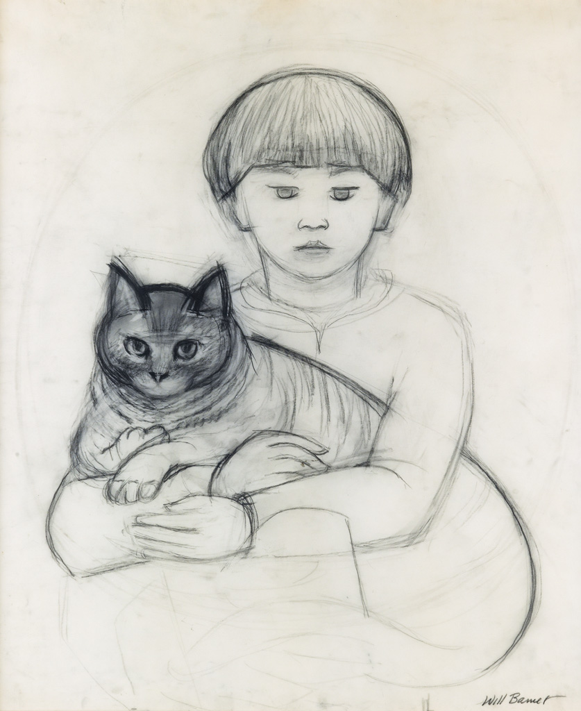 Appraisal: WILL BARNET Boy and Cat Charcoal and pencil on smooth