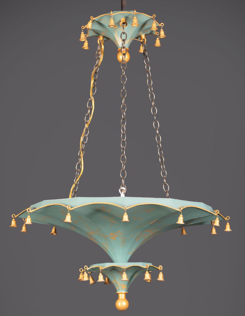 Appraisal: John Roselli Tole Peinte Pagoda-Form Chandelier aqua ground with gilt