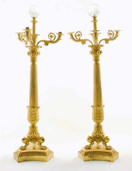 Appraisal: Pair French Empire bronze dore four-light candelabra manner of Pierre-Philippe