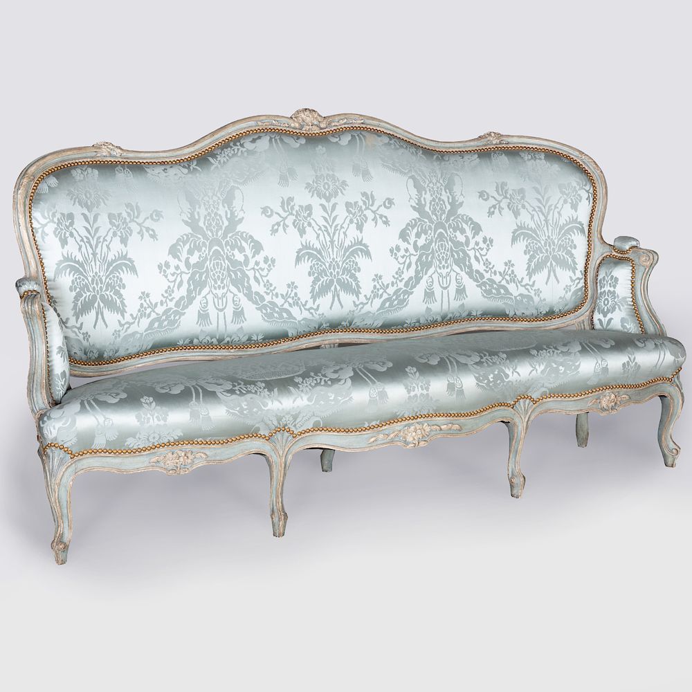 Appraisal: Louis XV Style Grey Painted Canap Upholstered in silk damask