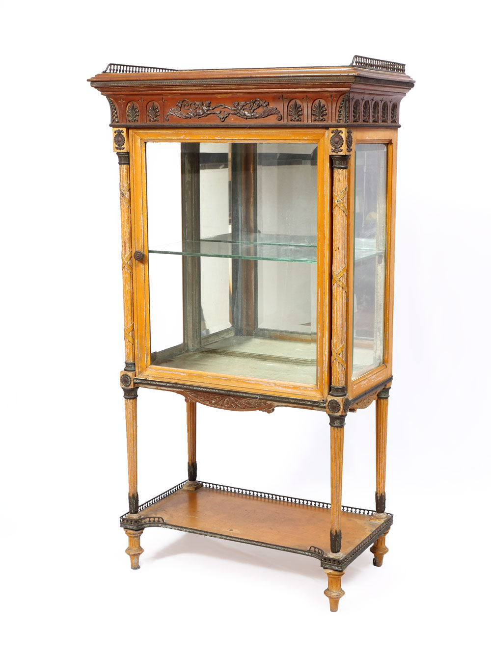 Appraisal: ANTIQUE METAL MOUNTED CURIO CABINET Gallery top curio having beveled