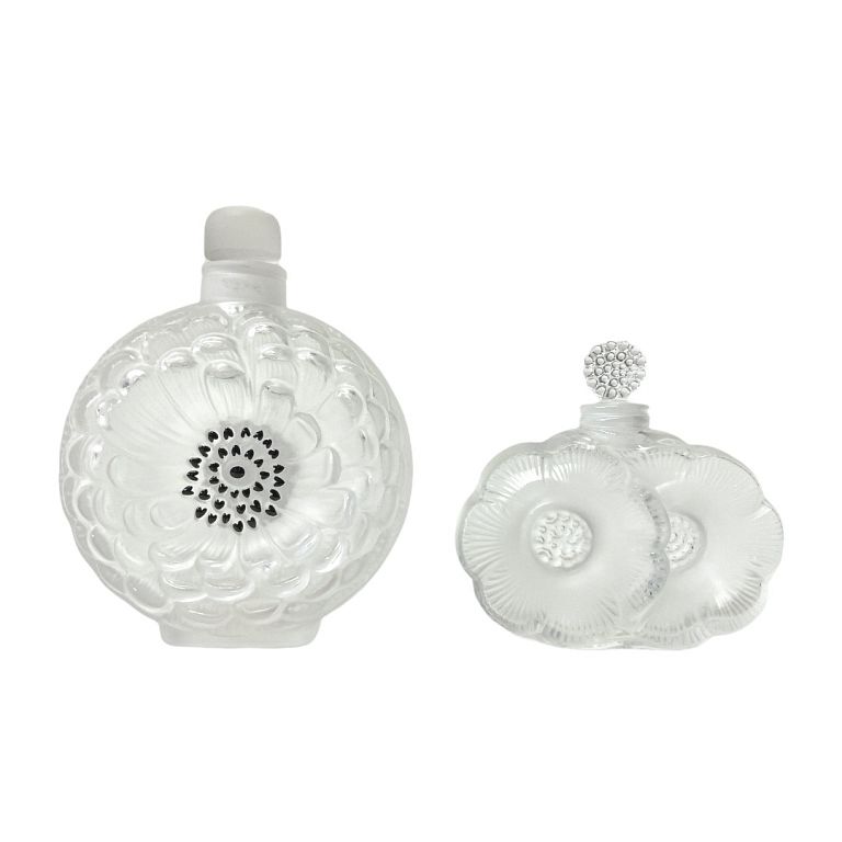 Appraisal: Pair of Signed Lalique Crystal Perfume Bottles Lalique Deux Fleurs