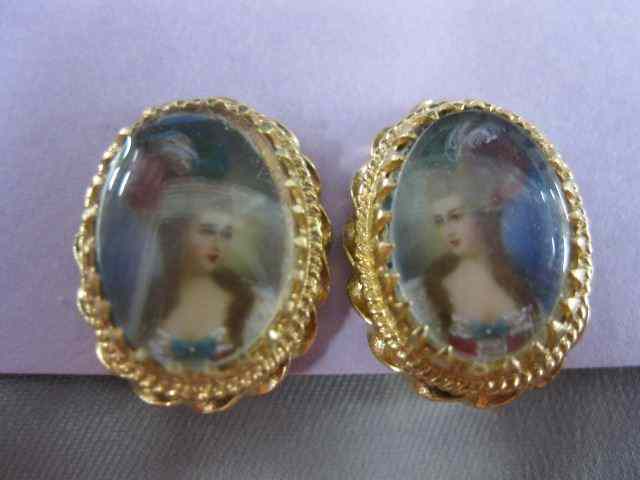 Appraisal: k Gold Miniature on Ivory Portrait Earrings oval x mm