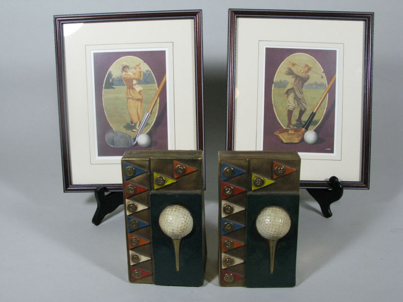 Appraisal: Pair of Golfing Bookends Two Prints two framed golfing prints