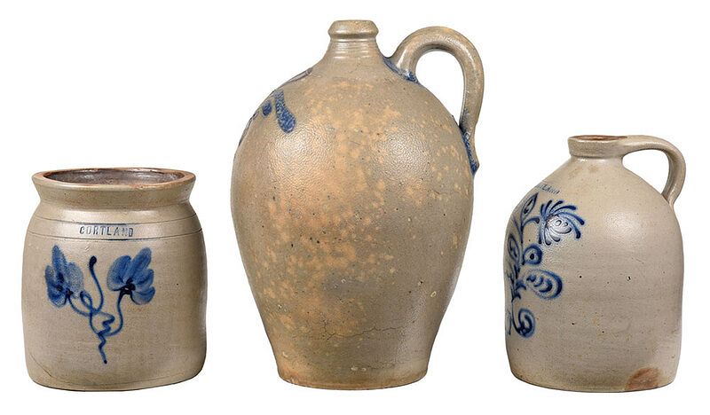 Appraisal: Three Cobalt Decorated Stoneware Vessels New York th century large